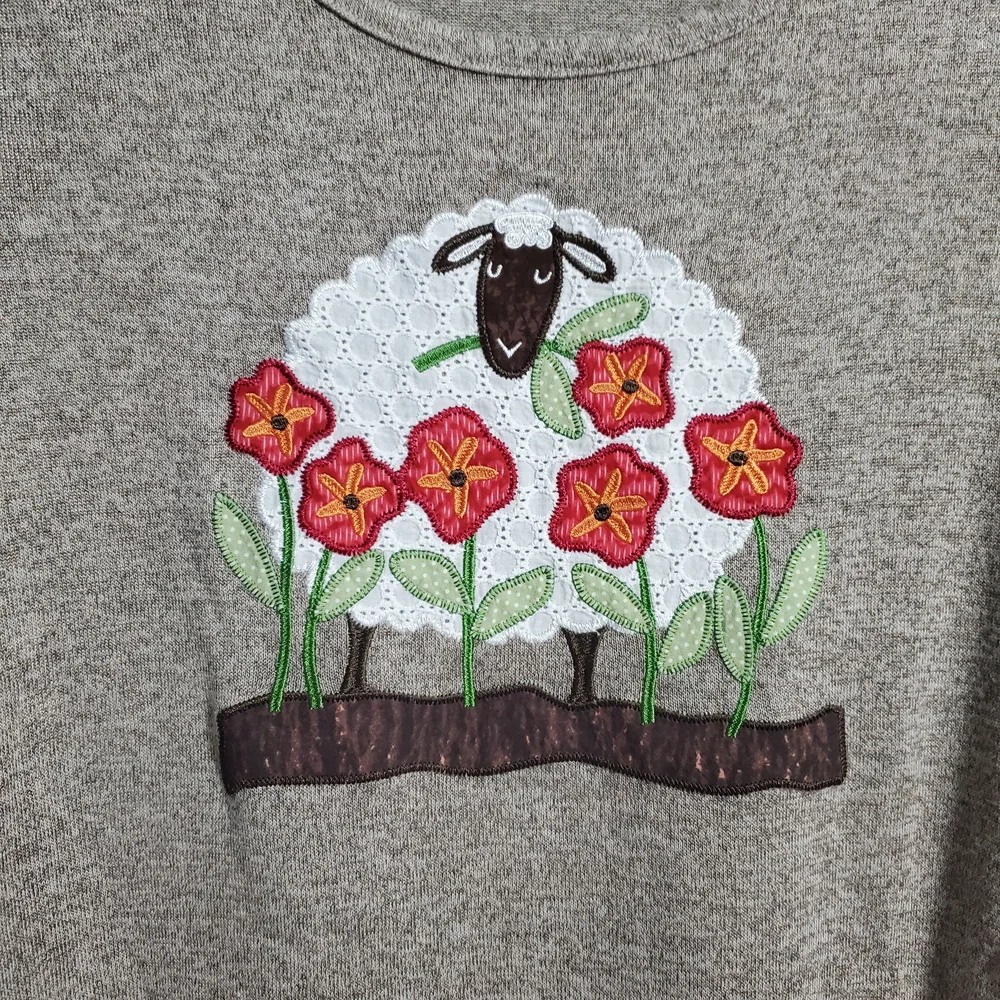 Cactus + Pearl Taupe Knit Top with Sheep and Flower Applique with Half Sleeves - Picture 2 of 5